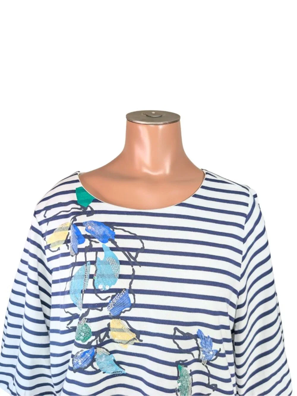 Chico's 2 Large Navy White Stripe Floral Embroidered Lined 3/4 Sleeve Top